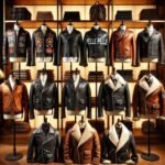 Stylish jackets hanging on wardrobe