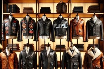 Stylish jackets hanging on wardrobe