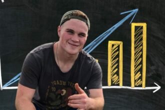 Zach Bryan’s net worth: Zach Bryan showing thumbs up with graph in the background