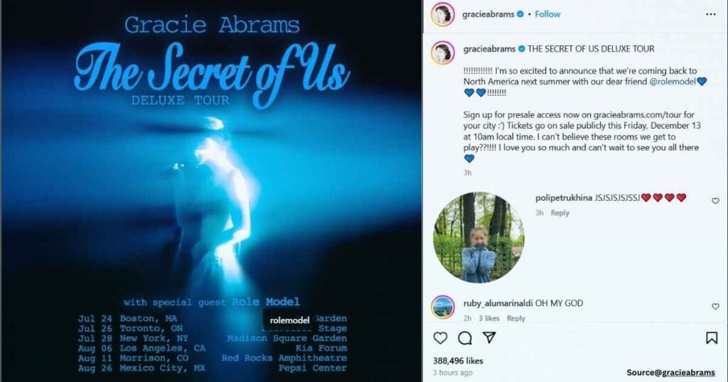 Gracie Abrams's Instagram post with dates and venues for THE SECRET OF US TOUR