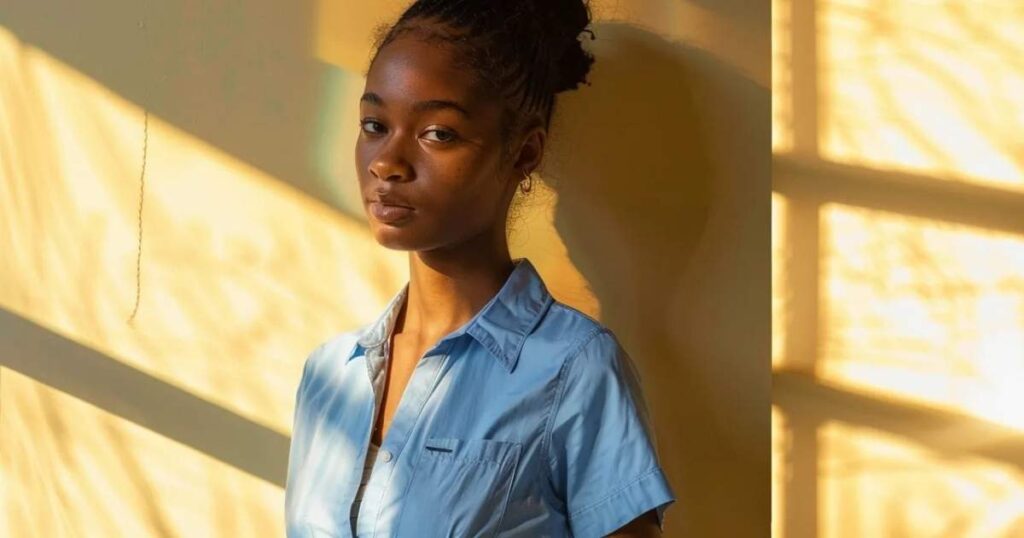 Young black female model posing in blue shirt 